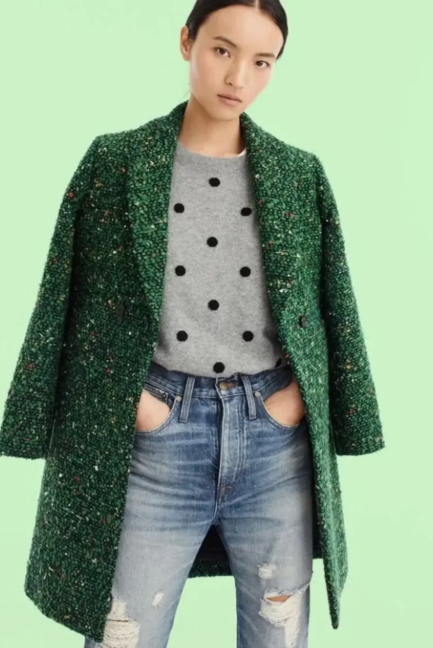 J Crew Coat Women 4 Daphne Boucle Tweed Single Breasted Green Preppy Chic